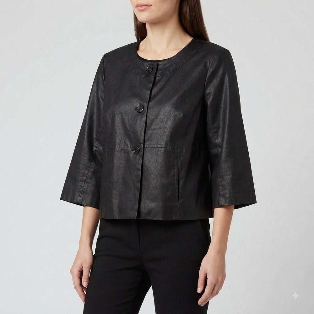 Erin London Waxed Poly /Faux Leather Button Front Jacket 3/4 Sleeve Black Medium